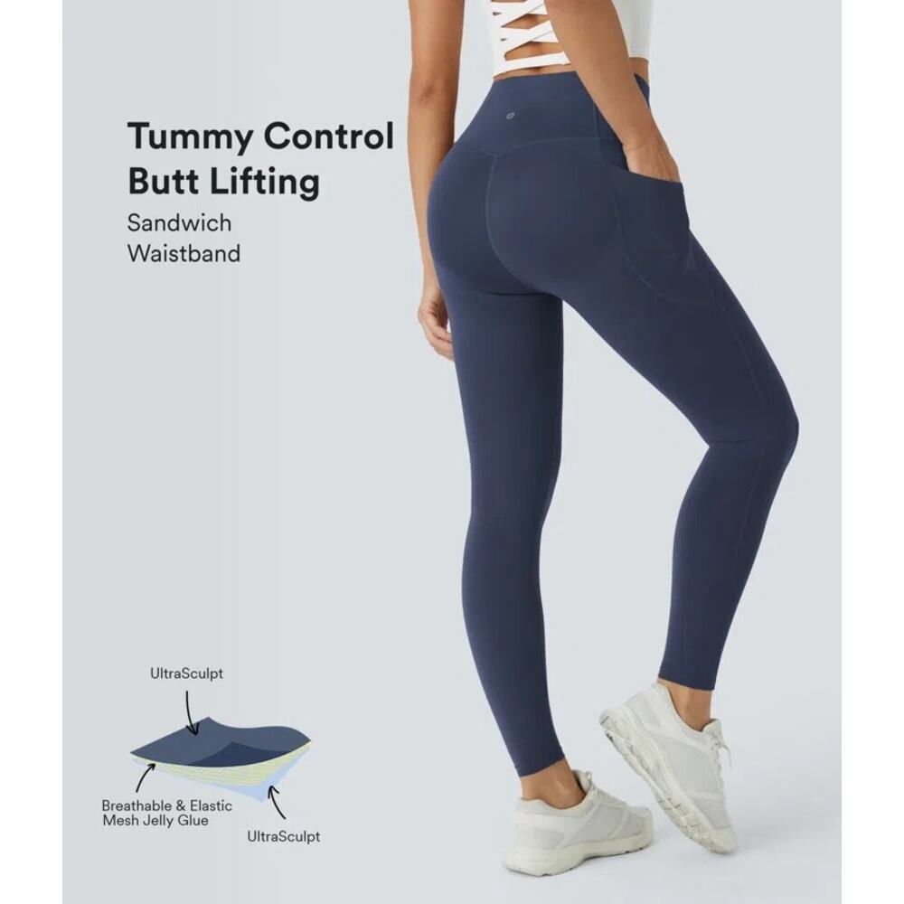Sz Med HALARA Navy Tummy Control Full Length Butt-Lift Pocket Active Leggings - Picture 3 of 6